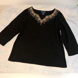 Karen Scott Elegant Black Top with Gold Embroidery